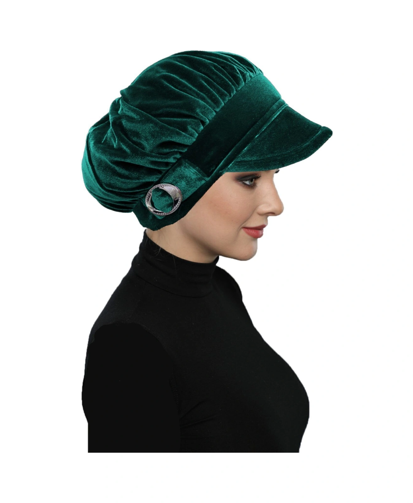 Kadife Şapka Toka Detaylı Yeşil Hazır Türban Tesettür Bone Hürrem