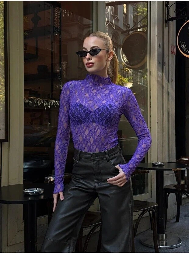 Kadın Yarım Balıkçı Yaka Full Esnek Dantel Bürümcük Spor Şık Tasarım Gece Bluzu Mor