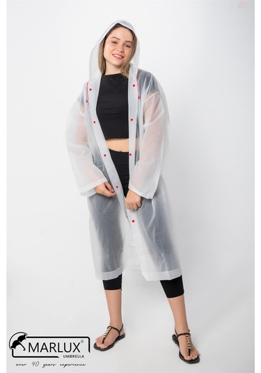 Marlux Unisex Su Rüzgar Geçirmez Kapüşonlu Çıtçıt Düğme Eva Yağmurluk - Beyaz - Kırmızı