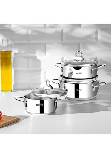 Nehir Silver 6 Parça Paslanmaz Çelik Mini Tencere Seti (12-14-16 cm)