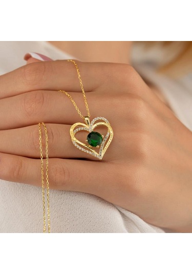 Gümüş Pazarım Zümrüt Taşlı Altın Kaplama Kalp Gümüş Kolye