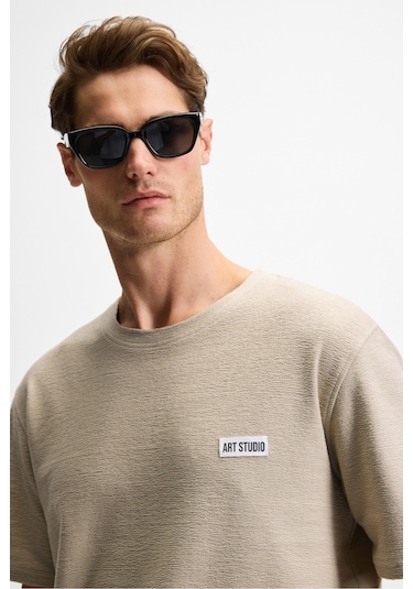 NOIR Erkek%100 Organik Pamuk Bisiklet Yaka Kısa Kol Regular Bej T-Shirt