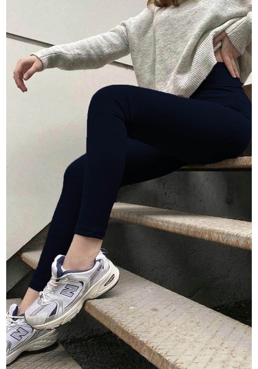 Madmext Lacivert Yüksek Bel Kadın Fitilli Tayt Mg1625 Lacivert