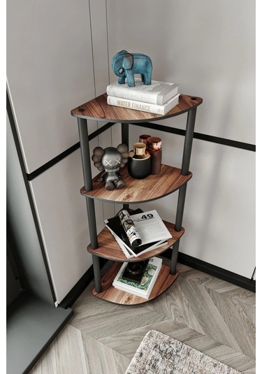 4 Katlı Dekoratif Köşe Kitaplık Ceviz Ceviz