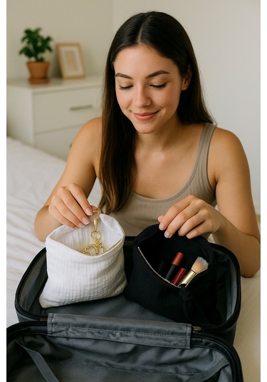 Müslin Dolgulu Doğal Makyaj Çantası Kozmetik Organizeri 20x15 Cm - Ztmcanta