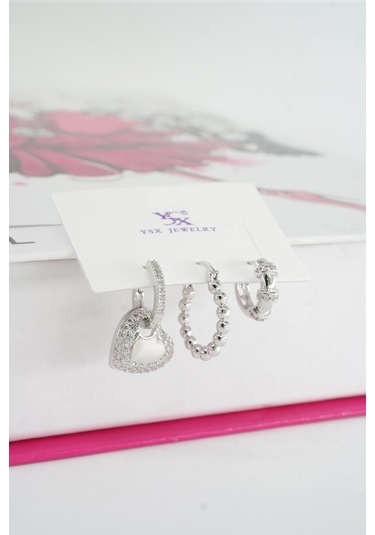 By Zeyna Aksesuar Kadın Vip Seri Baget Zirkon Taşlı 3'lü Küpe Seti-4278 Gümüş