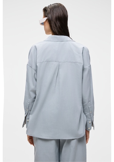 VESTA Kadın %100 Pamuk Keten Görünümlü Flamlı Oversize Gri Gömlek