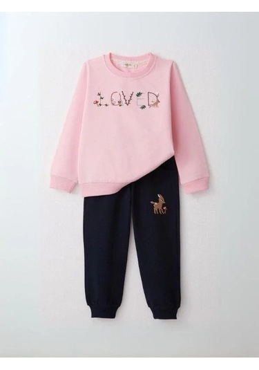 Kız Çocuk Loved Nakışlı Pamuklu Eşofman Takım-14382 Pembe