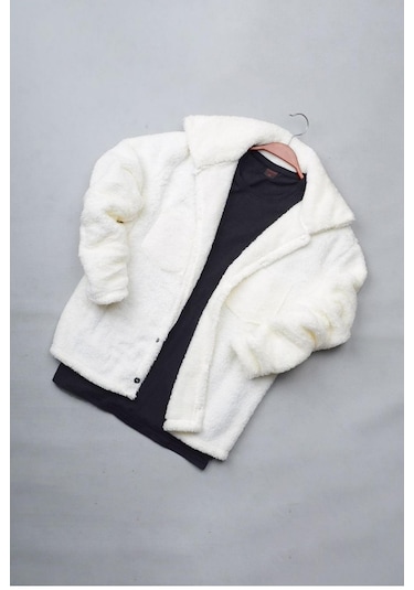 Unisex Ekru Düğme Detaylı Cepli Peluş Ceket Ekru