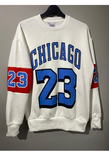 Erkek Beyaz Unısex Oversize Chicago 23 Baskılı Polarlı Sweat Çok Renkli