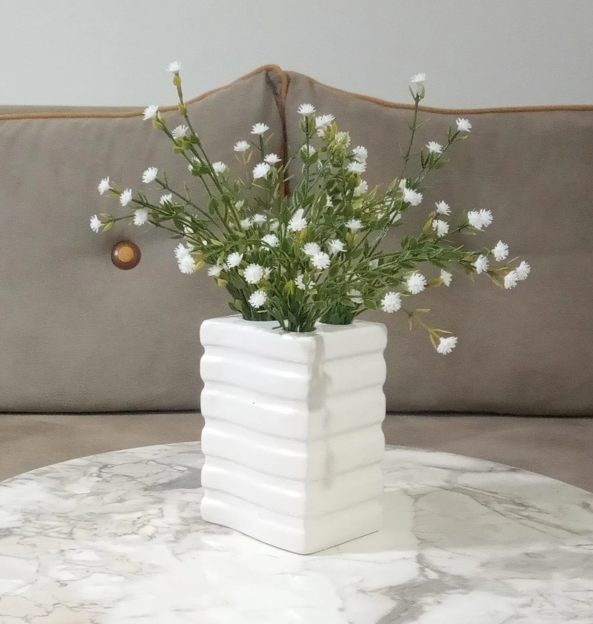 2 Adet Vazo Dahil,vazoda Çiçek,beyaz Yapay Çiçek,vazo Dekoratif Kare Çizgili 8x6x16cm Çok Renkli