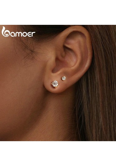 Altın Bamoer 925 Ayar Gümüş Basit Yuvarlak Mozanit Saplama Küpe Kadınlar İçin Klasik Nişan Düğün Güzel Takı Hediye Mse038-b
