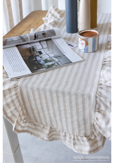 Bej Çizgili 40x125 Cm Vintage Fırfırlı %100 Keten Pamuklu Amerikan Runner Bej