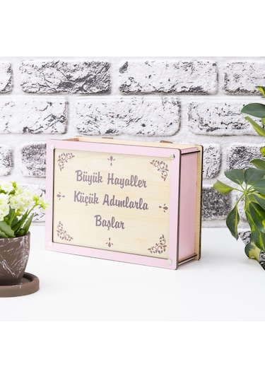 Deep Creative Parabox Hedef Kumbarası Pembe-krem Rengi Ahşap Kilitli