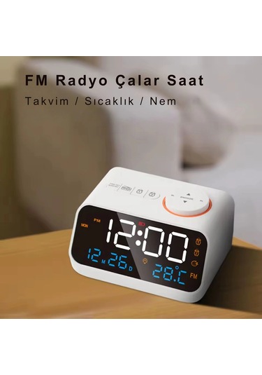Shopytech Fm Radyo Dijital Çalar Saat Led Ekranlı Masa Saati Sıcaklık Nem Göstergesi 2 Usb Şarj Çıkı Beyaz