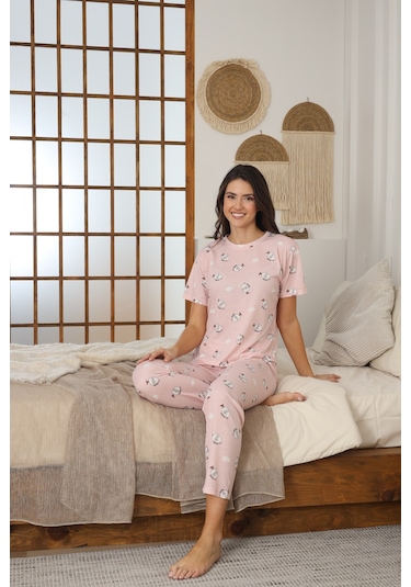 Kadın Yazlık Kısa Kol Penye Süprem Kumaş Pijama Takımı Pudra