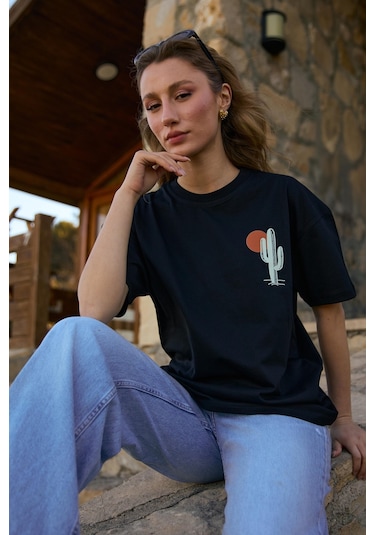 Velvoria Unisex Oversize Siyah Cactus T-shirt