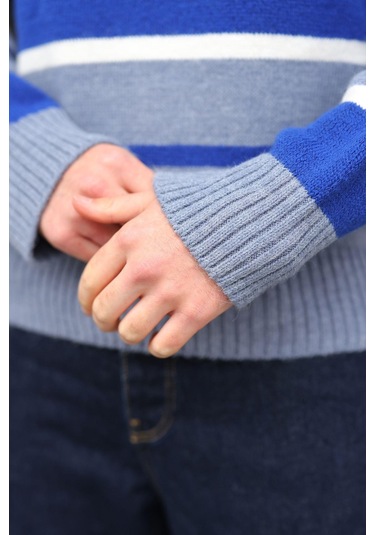 İndigo Çizgili Bisiklet Yaka Triko Erkek Kazak E7455 Indigo