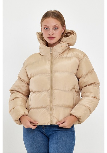 Alisse Kadın Vizon Kapüşonlu Şişme Mont Kaban Vizon