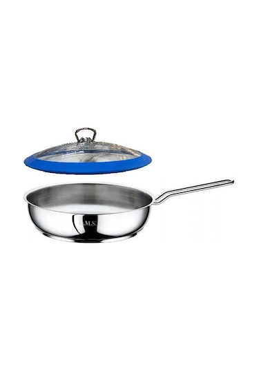 Oms Çelik Tava 26x6 Cm Silikonlu Cam Kapaklı - Mavi Gri