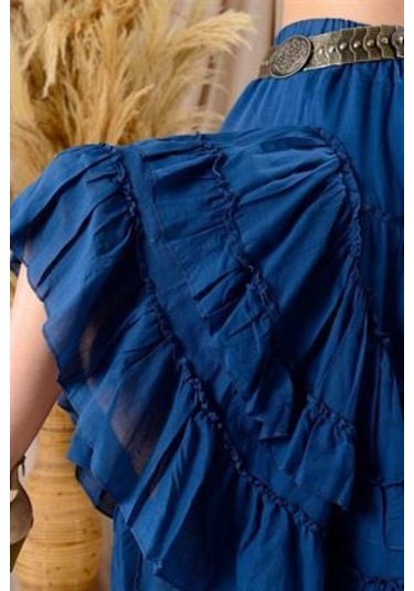 Özel Tasarım Ham Keten Otantik Astarlı Carmen Etek-9895 Petrol Mavisi