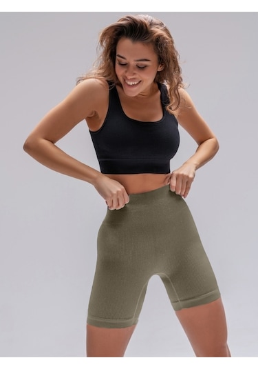 Mistirik Dublin Model Yüksek Bel Fitilli Seamless Biker Şort Haki Renk027 Haki