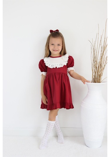 Kız Çocuk Bordo Ruby Fırfırlı Dantel Detaylı Kısa Kollu Elbise Bandana Takım Elb-0070.6 Bordo