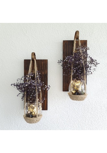 Duvar Dekoru, Led Işıklı, Mor Cipso Çiçekli Aplik, Ceviz Ikili