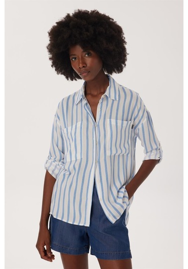 Lee Cooper Mındy Kadın Dokuma Gömlek Beyaz Mavi Çizgili 16360 Beyaz Mavi Çizgili Beyaz - Mavi