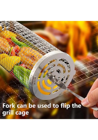 Sones Ahşap Saplı Küçük Paslanmaz Çelik Tekerlekli Izgara Sepeti Flip-top Kapaklı Barbekü Kafesi