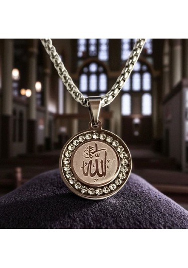 Allah Yazılı Zirkon Taşlı Çelik Kolye Ucu 9108 Gümüş
