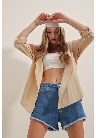 Bigdart 3900 Oversize Uzun Basic Gömlek - Bej 001