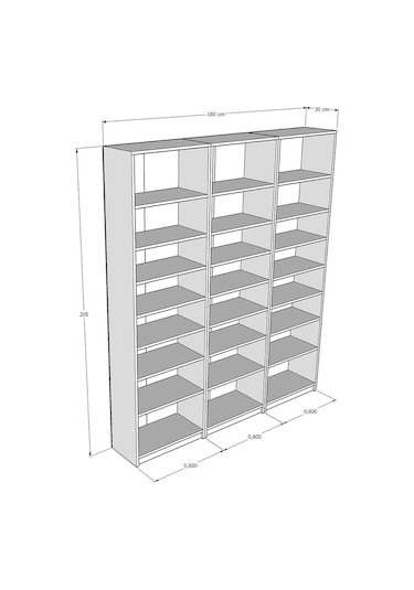 Asra Trend K-26 %100 MDF 180 cm 3 Modüllü Kitaplık 21 Raflı Dev Kütüphane Retro Taş