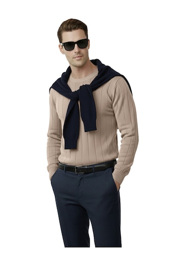 Deepsea Bej Dar Kesim Likralı Erkek Triko Kazak Bisiklet Yaka Şık Tasarım 2605433 Bej