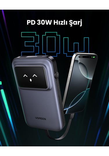 Ugreen Uno Dahili Kablolu 10.000 Mah 30w Hızlı Şarj Powerbank, Siyah, 35603b Gri