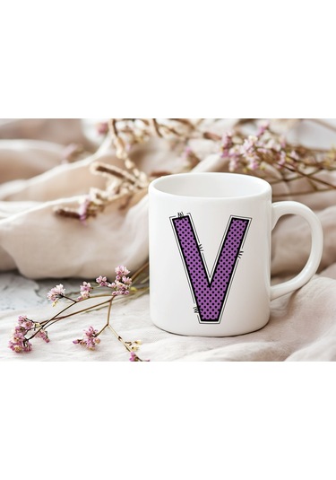 V Harfi Mor Puantiyeli Kupa Bardak - Polka Dot Tasarım Kahve Çay Bardak - Kişiye Özel Hediyelik Beyaz