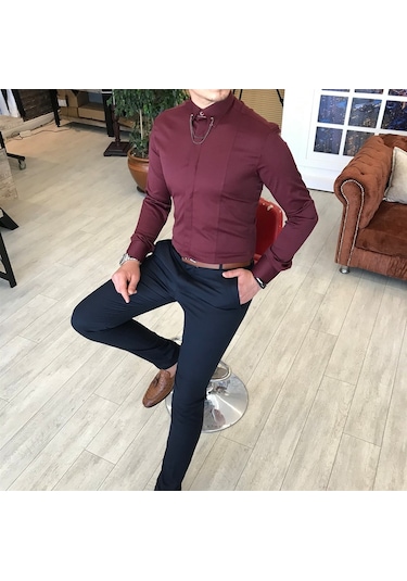 Italyan Kesim Slim Fit Erkek Saten Bordo Zincirli Gömlek T4099