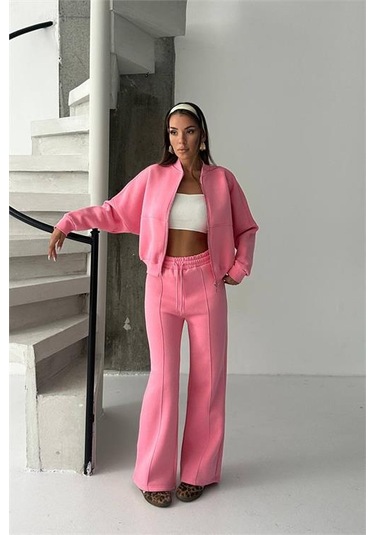 Neşeli Butik Kadın 3 İplik Şardonlu Oversize Eşofman Takımı Nbg105 Pembe