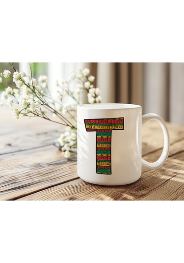 T Harfi Etnik Desenli Kupa - Afrika Tarzı Kahve Çay Kupası - Hediyelik - Black History Beyaz