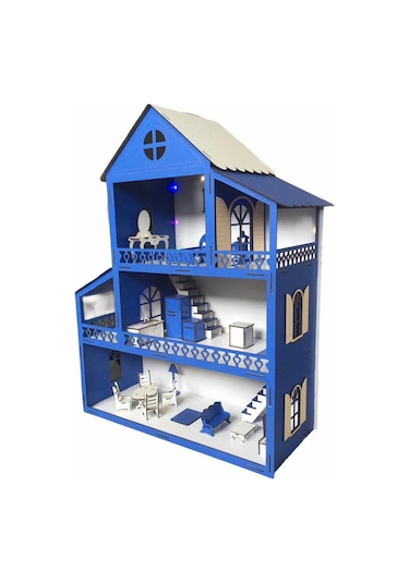 Ahşap Oyun Evi 80Cm 21 Eşya Mavi Led Işıklı