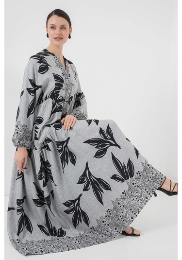 Gabria Ön Düğmeli Desenli Viskon Elbise Gri