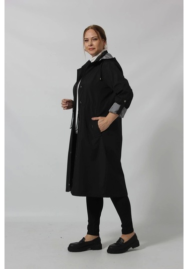 Uzun Astar Detaylı Bondit Trençkot Siyah Siyah