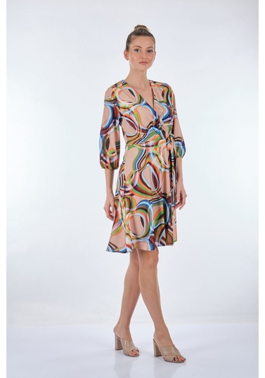 Explosion Midi V Yaka Sarımlı Elbise - Geometrik Desen - Günlük L