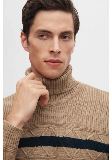 D's Damat Regular Fit Camel Çizgili Tüylenme Yapmayan Tam Balıkçı Yaka Erkek Triko Kazak 3HC0618ORTCKZK - Camel