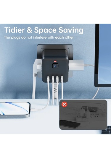 Xuweiwei 7li Fonksiyonlu Güç Küpü Siyah 3 Ac Priz 4 Usb Port Usb C Hızlı Şarj Dalgalanma Korumalı Taşınabilir Çok Amaçlı Adaptör