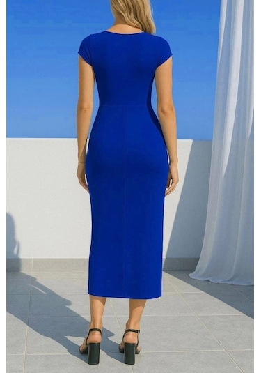 Kadın Sandy Kumaş Metal Toka Detaylı Midi Boy Elbise Saks