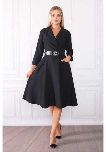 E.T.'S Element'S Kadın Kruvaze Yaka Elbise Siyah