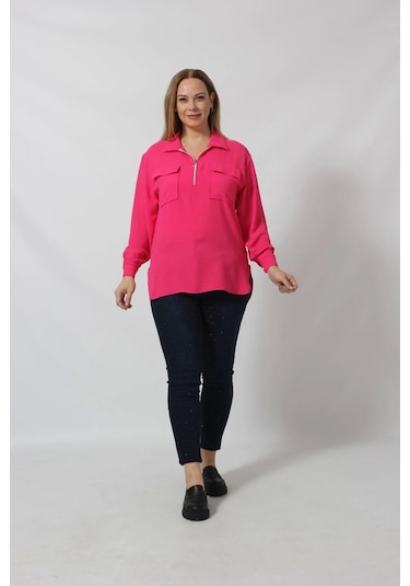 Moda Berray 3055 Yaka Fermuarlı Yandan Yırtmaçlı Gömlek Pembe