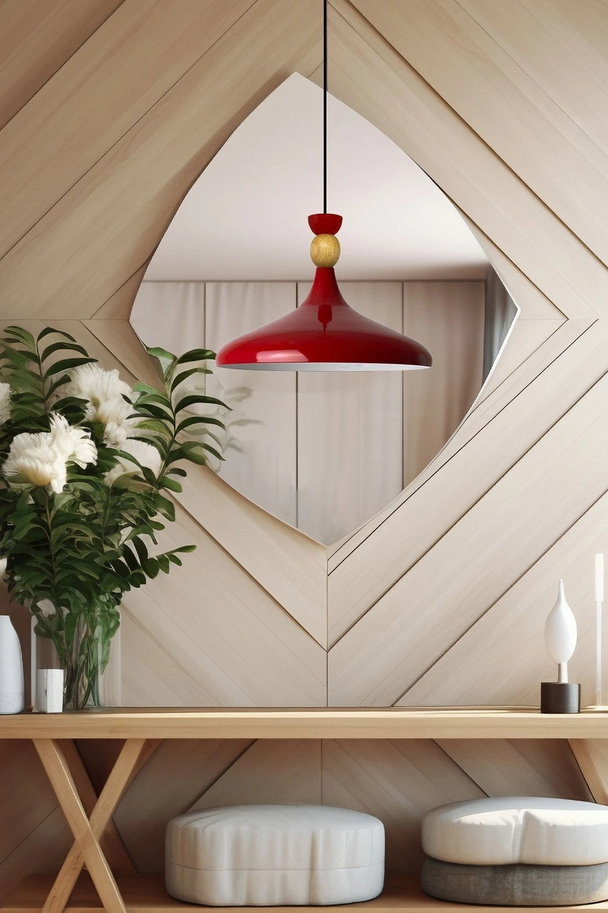 Kırmızı Ahşap Şapka Tekli Avize Sarkıt Salon Mutfak Cafe Butik Lamba Aydınlatma Avizeler Kırmızı