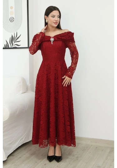 Aşkın Büyüsü Dantel Abiye Elbise 6055-bordo Bordo